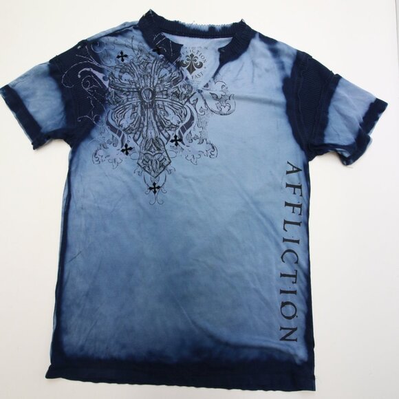 Affliction T-Shirt XL Blue Dye V Neck Ribbed Felt Detail Cross Cyber Goth Grunge - Picture 6 of 16